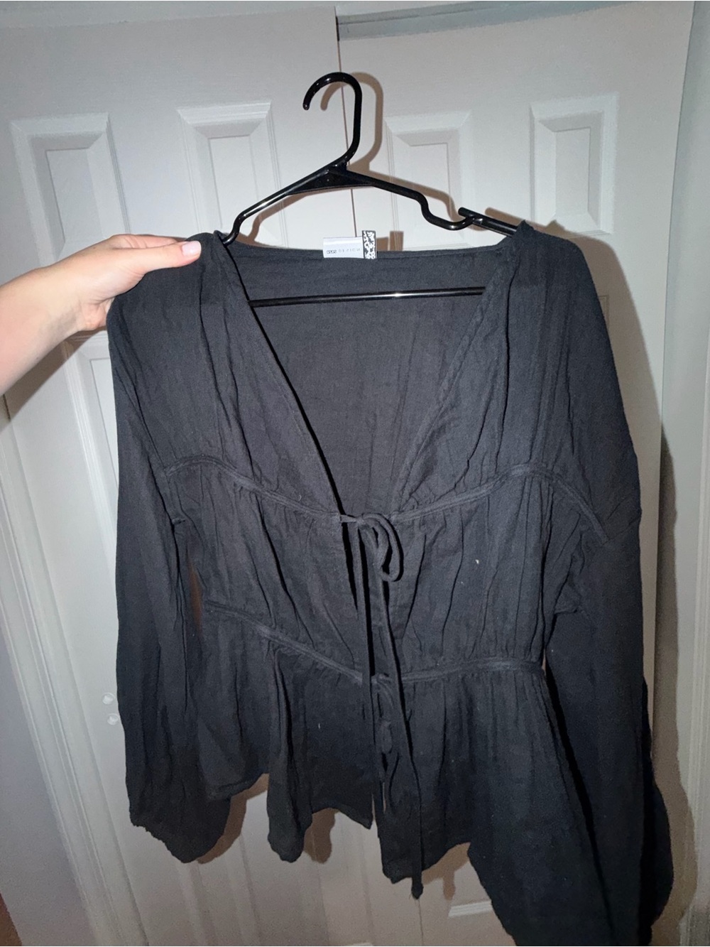 Black Tie-Front Peasant Blouse